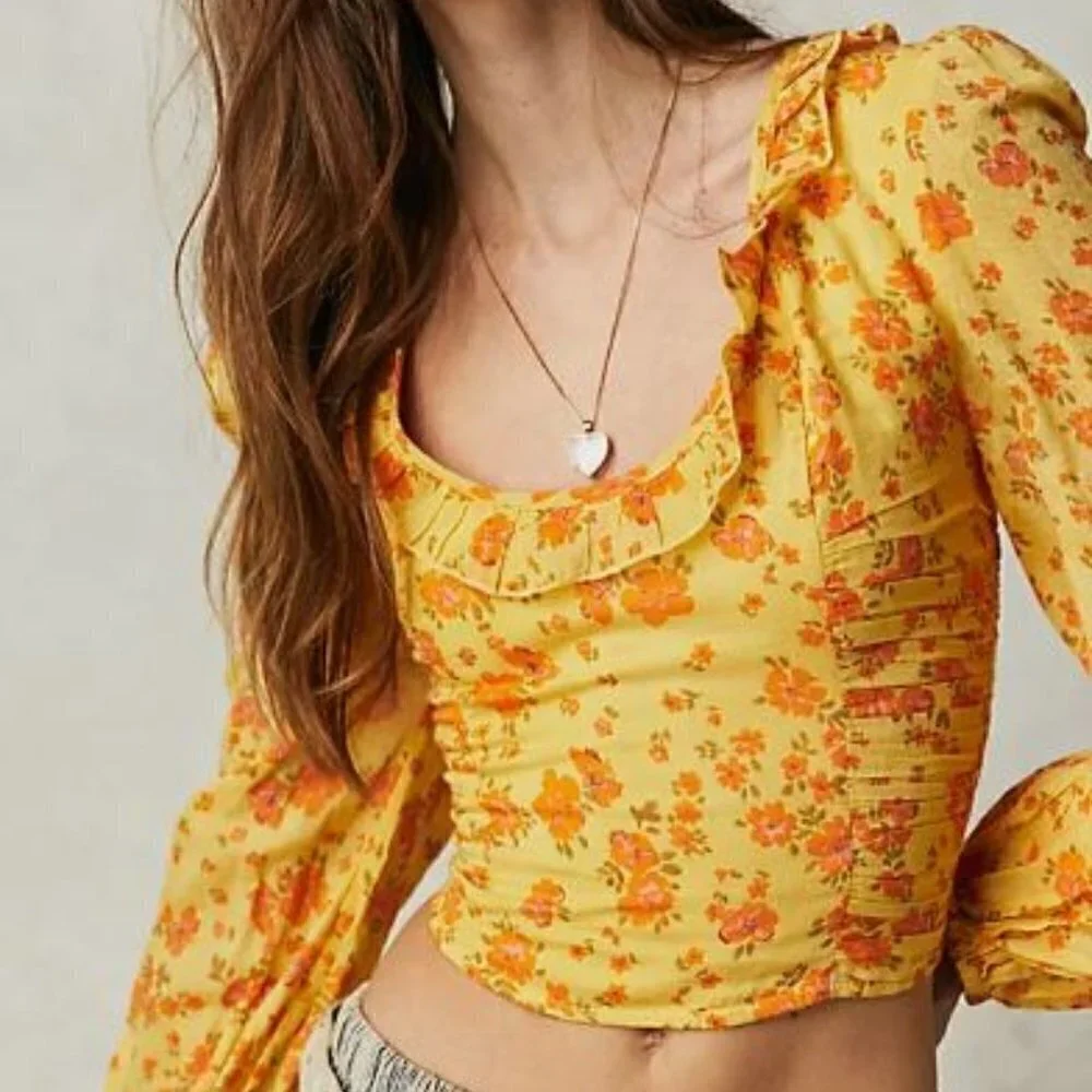 Free People Yellow Floral Print Blouse Ruffles Ruching Balloon Sleeve Small NWT